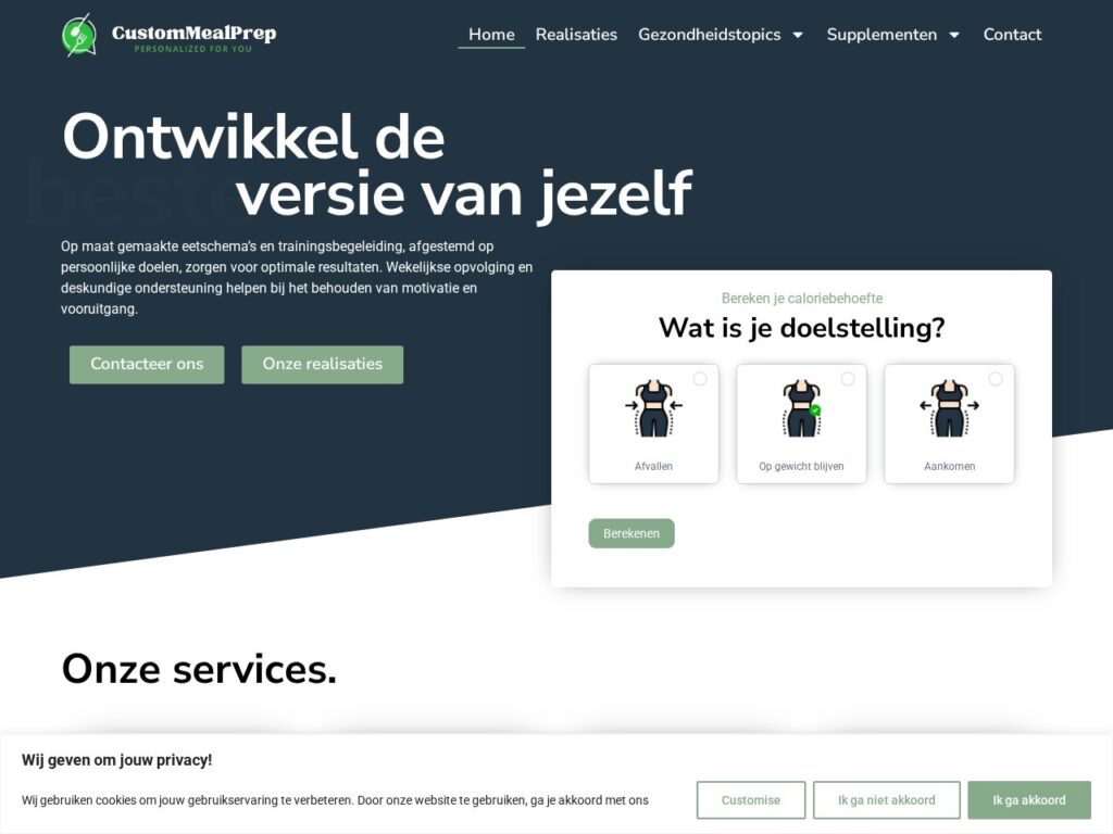 De homepage van Custommealprep met de caloriewizard