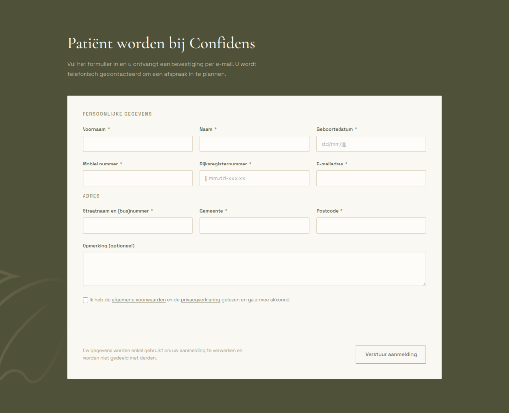 Het aanmeldformulier voor nieuwe patiënten van Confidens